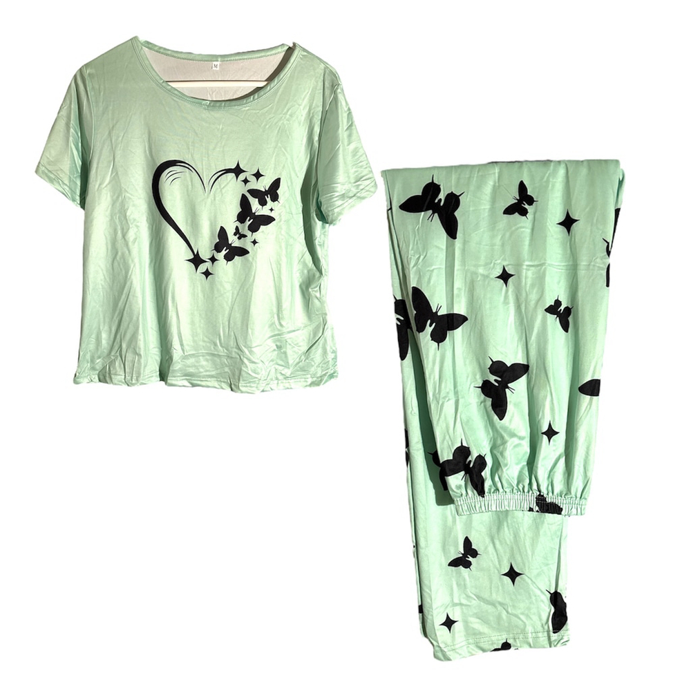 Mint Green Butterfly Heart Pajama Set Short Sleeve Top and Pants